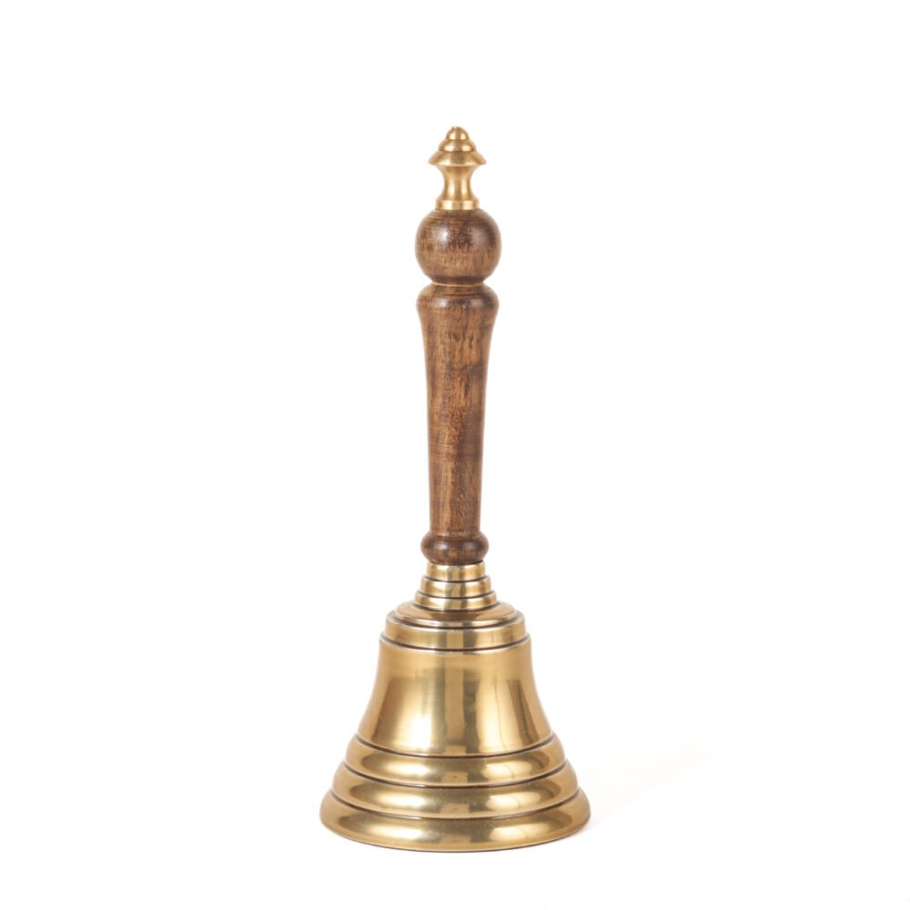 Aluminum Hand Bell with Antique Brass Finish and Wooden Handle 8” Height