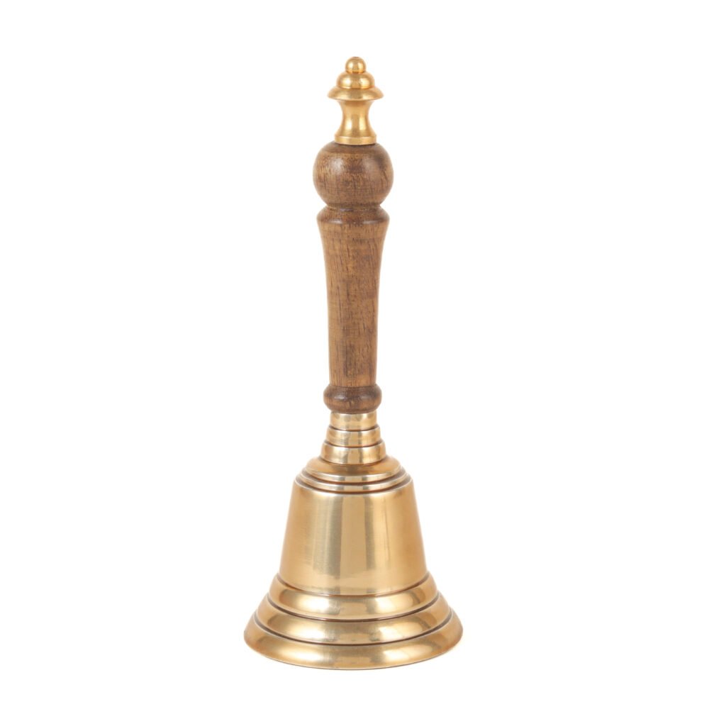 Aluminum Hand Bell with Antique Brass Finish and Wooden Handle  6.5” Height